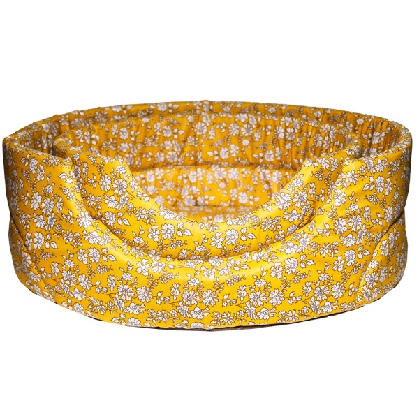 Лежанка овальная стеганая поролоновая хлопок Цветы на желтом 42*34*18см/DONBARON