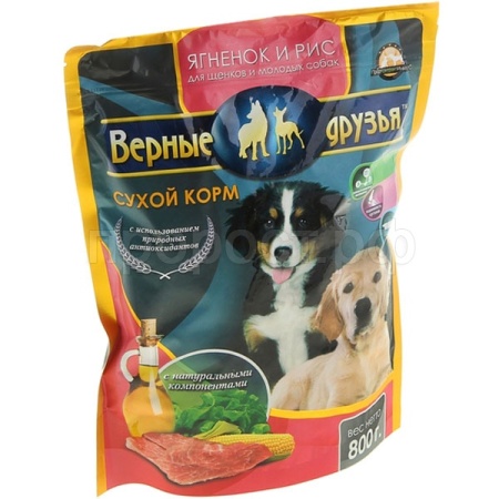 Корм для собак Верные друзья 800гр для щенков, молодых собак ягненок/рис сухой
